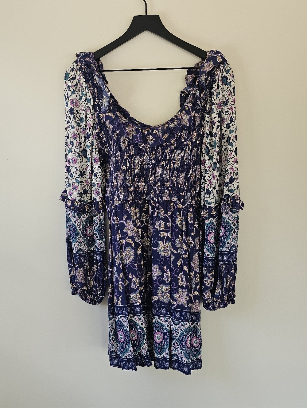 Spell Clairvoyant Bohemian Floral Long-Sleeve Mini Dress in Blue - Picture 5 of 8